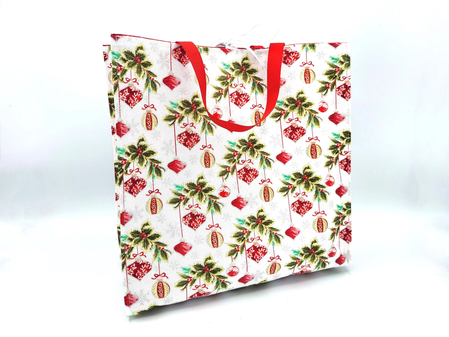 Holiday Reusable Gift Bag with Ribbon ties and handles, White Red ornaments - 10.5x10.75x5"