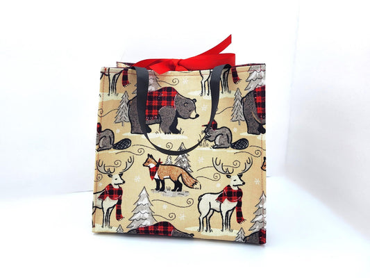Holiday Fabric Gift Bag with Ribbon ties and handles, Woodland animals, 8x7.75x4.75"