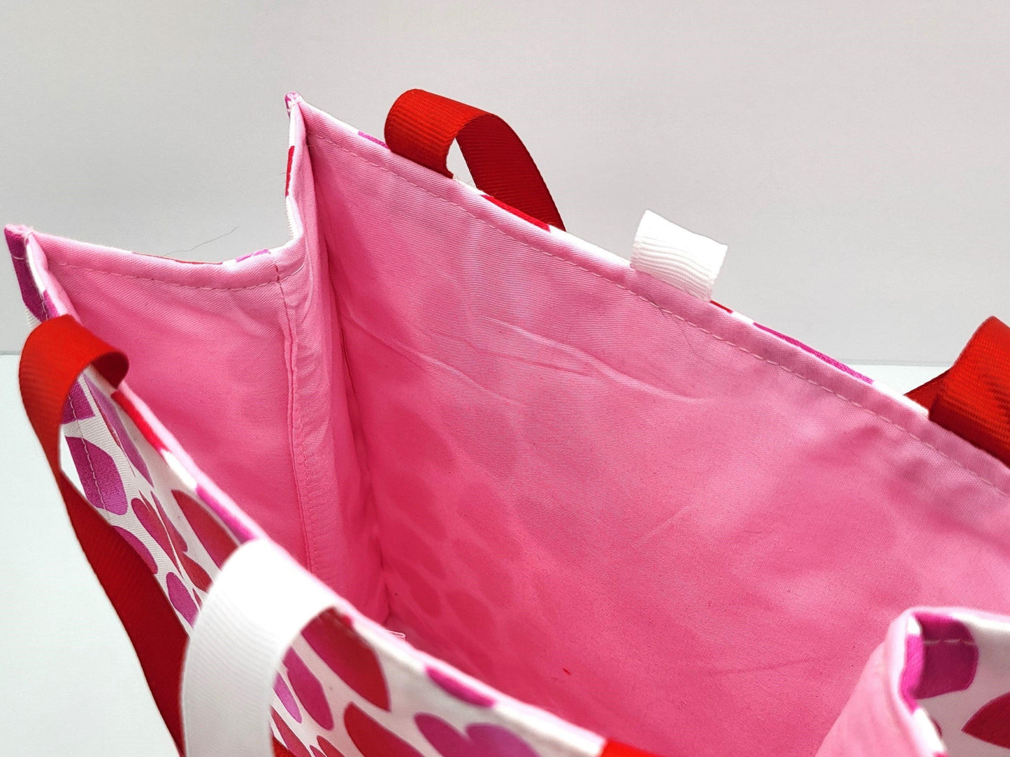 Small Reusable Fabric Valentine's Day Gift Bag with Ribbon tie and handles, Big Hearts