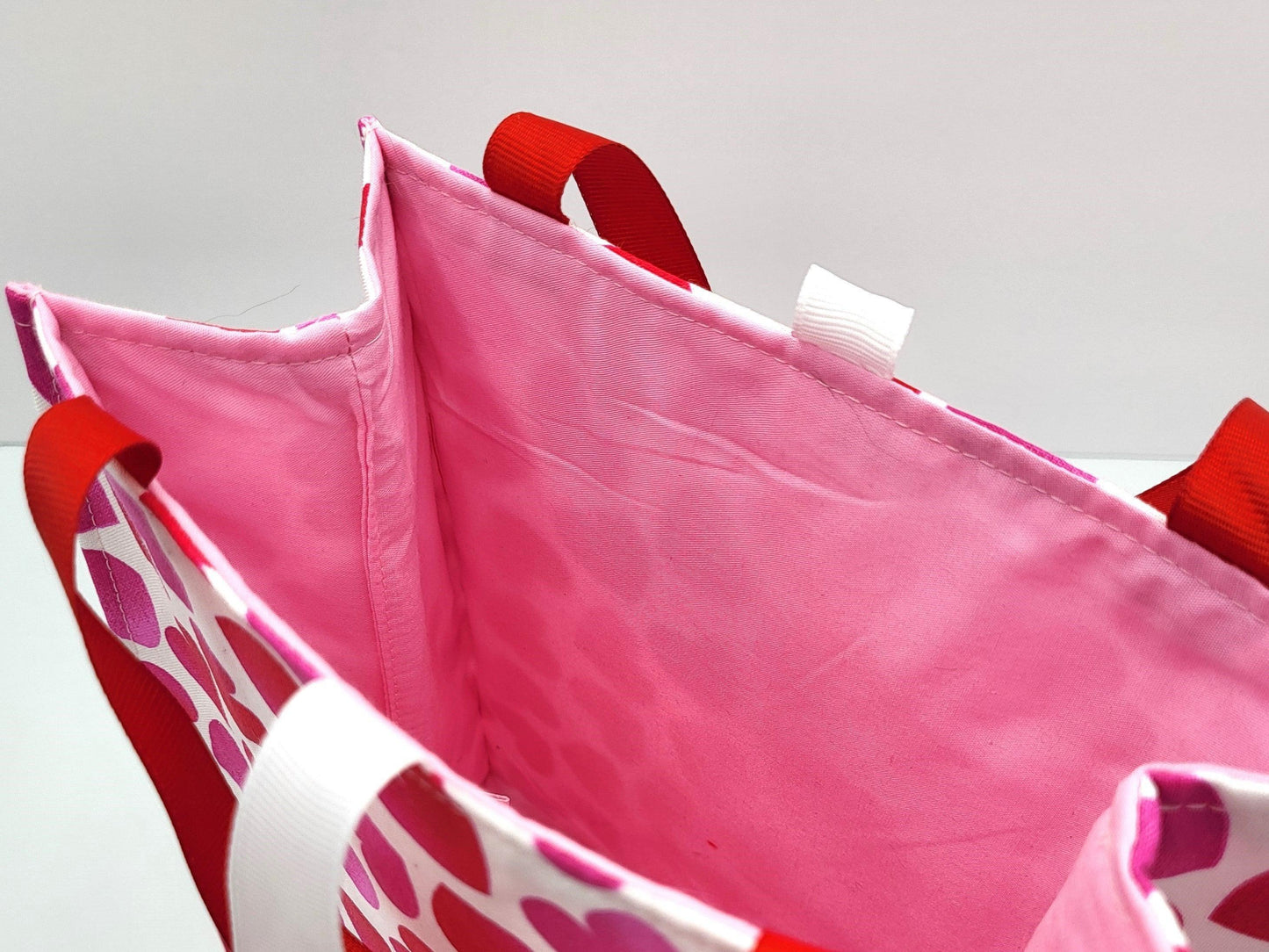 Small Reusable Fabric Valentine's Day Gift Bag with Ribbon tie and handles, Big Hearts