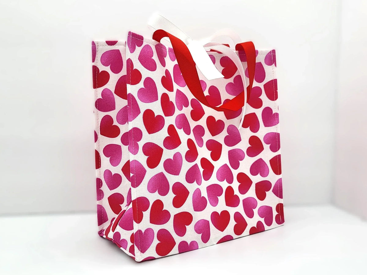 Small Reusable Fabric Valentine's Day Gift Bag with Ribbon tie and handles, Big Hearts