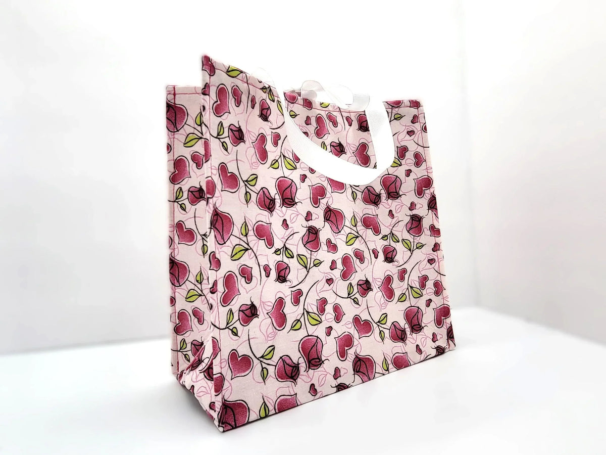 Small Reusable Fabric Valentine's Day Gift Bag with Ribbon tie and handles, Roses and Hearts