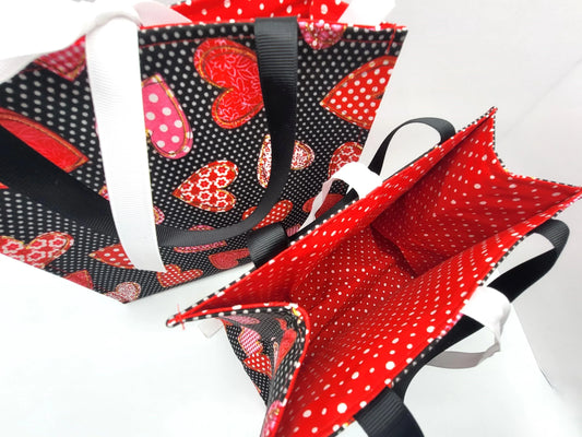 Small Reusable Fabric Valentine's Day Gift Bag with Ribbon tie and handles, Spotted Hearts