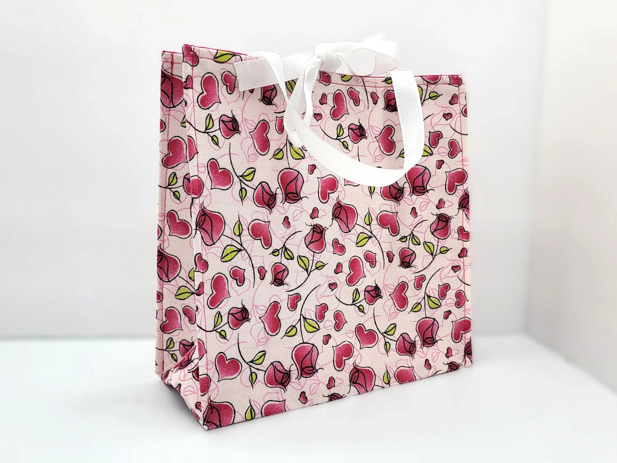 Small Reusable Fabric Valentine's Day Gift Bag with Ribbon tie and handles, Roses and Hearts
