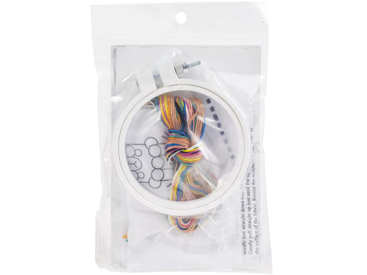 Packaged circular item with colorful strings inside on a white background
