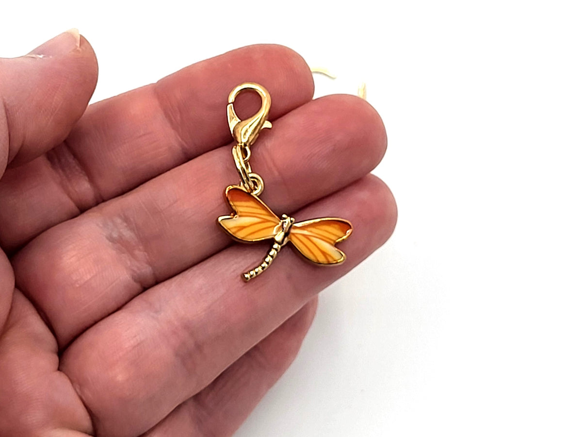 Orange Dragonfly Stitch Markers | Enamel Charm Stitch Markers 3pc