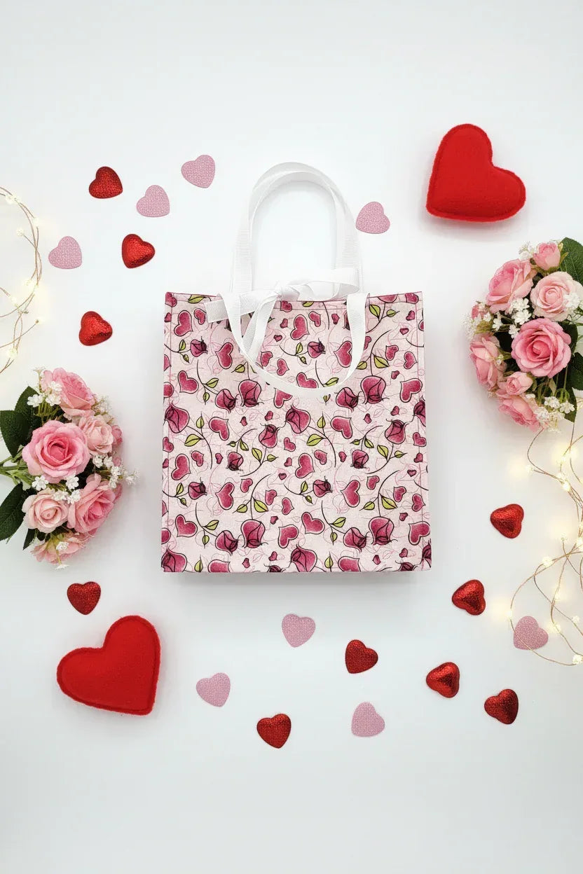 Small Fabric Gift Bag, Valentine's Day Roses and Hearts