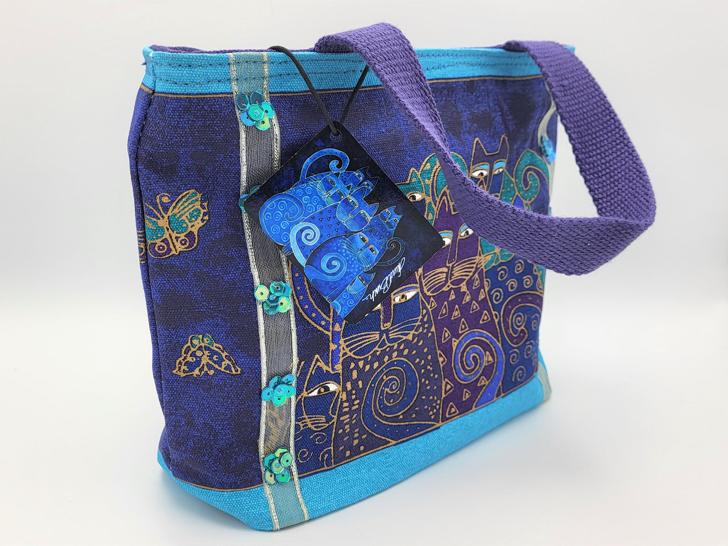 Laurel Burch Sun n Sand Mini Tote Bag, Indigo Cats 11"X8"X3"