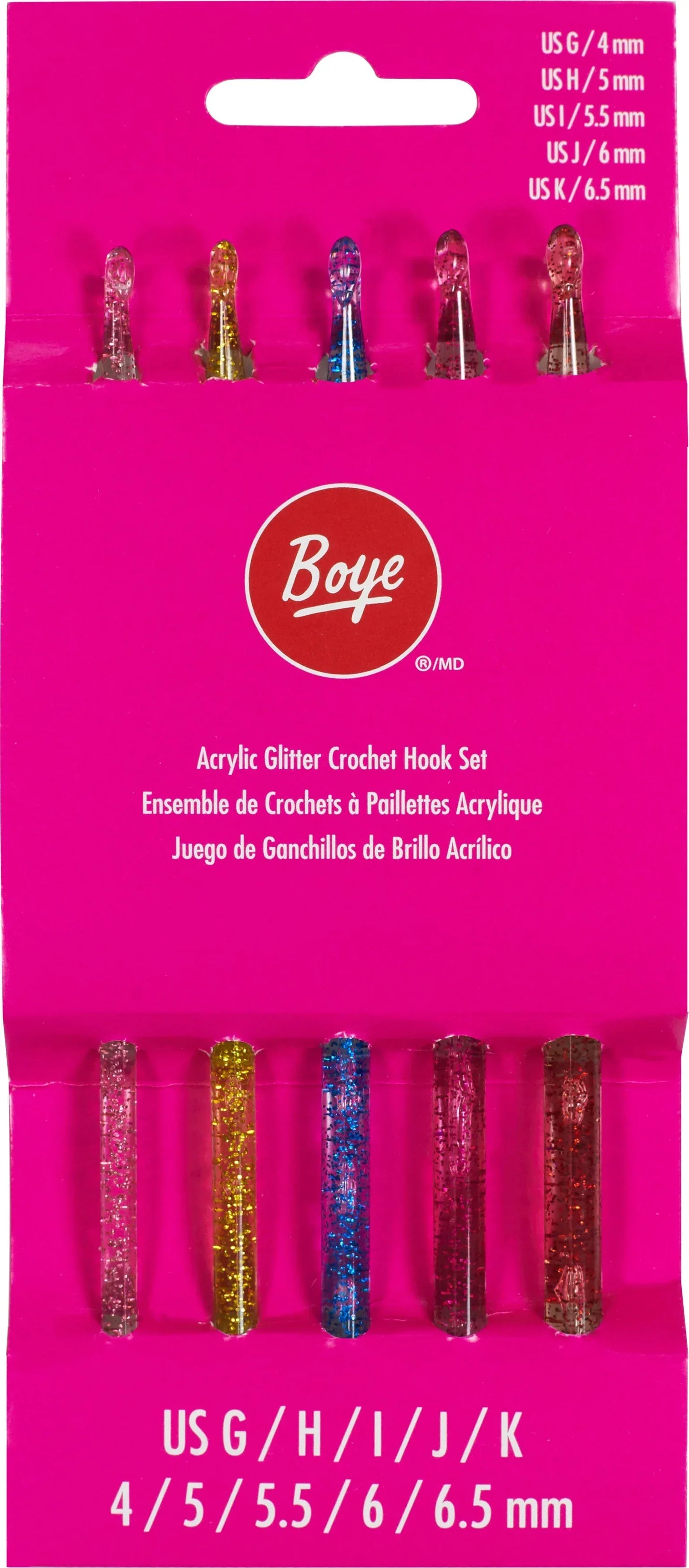 Acrylic Boye Crochet Hook Set 5 pieces - Sizes G, H, I, J, K Glitter