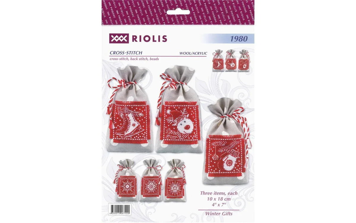 Riolis Winter Gifts Cross Stitch Kit - Make 3 Holiday Gift Bags 4"x7" 15-Count