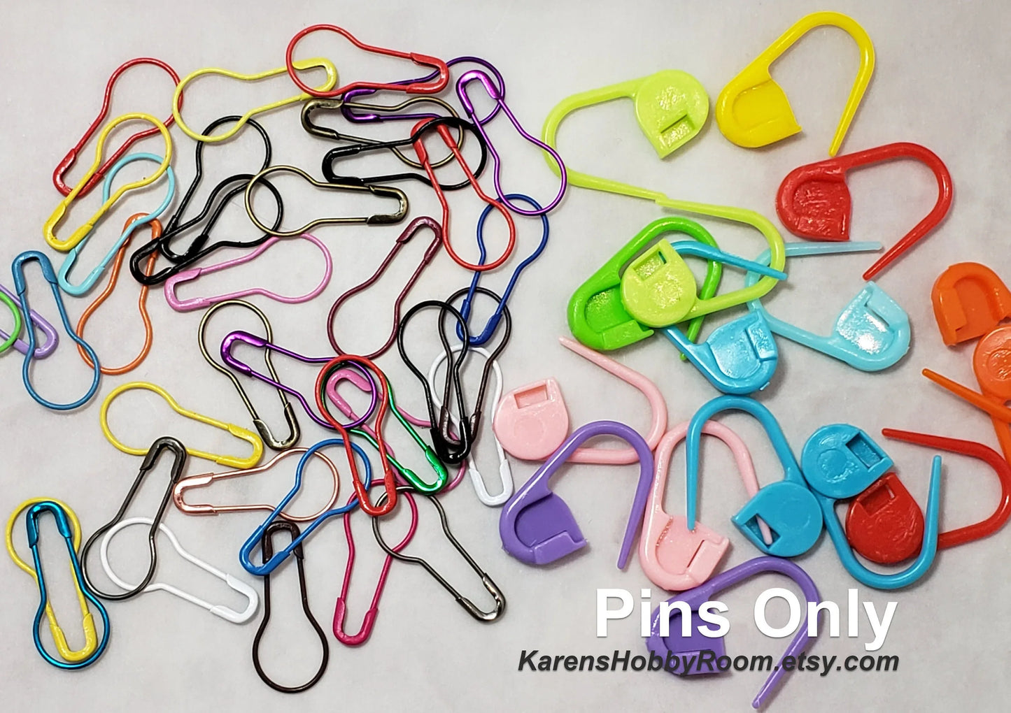 Locking Stitch Markers for Knitting and Crochet, Plastic or metal Bulb Safety Pins, with Small Hinged Notions tin