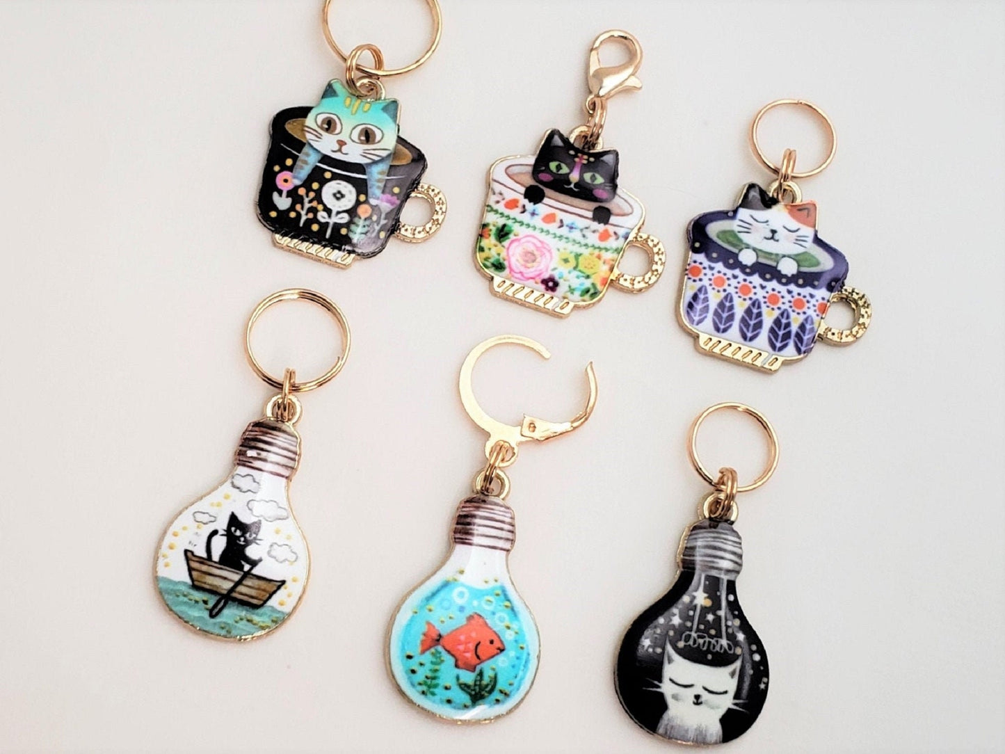 Cat Stitch Markers for Knitting, 3 or 6pc Teacups and Bulbs | Crochet stitch marker, progress keeper, project bag charms, crochet accessory