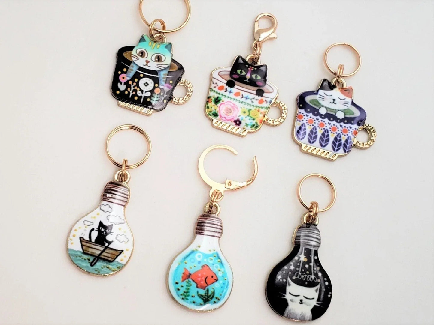 Cat Stitch Markers for Knitting, 3 or 6pc Teacups and Bulbs | Crochet stitch marker, progress keeper, project bag charms, crochet accessory