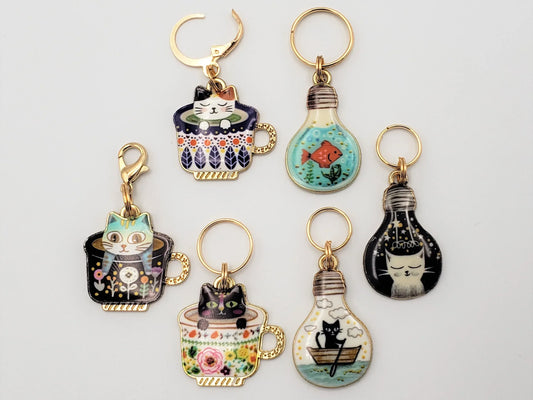Cat Stitch Markers for Knitting, 3 or 6pc Teacups and Bulbs | Crochet stitch marker, progress keeper, project bag charms, crochet accessory