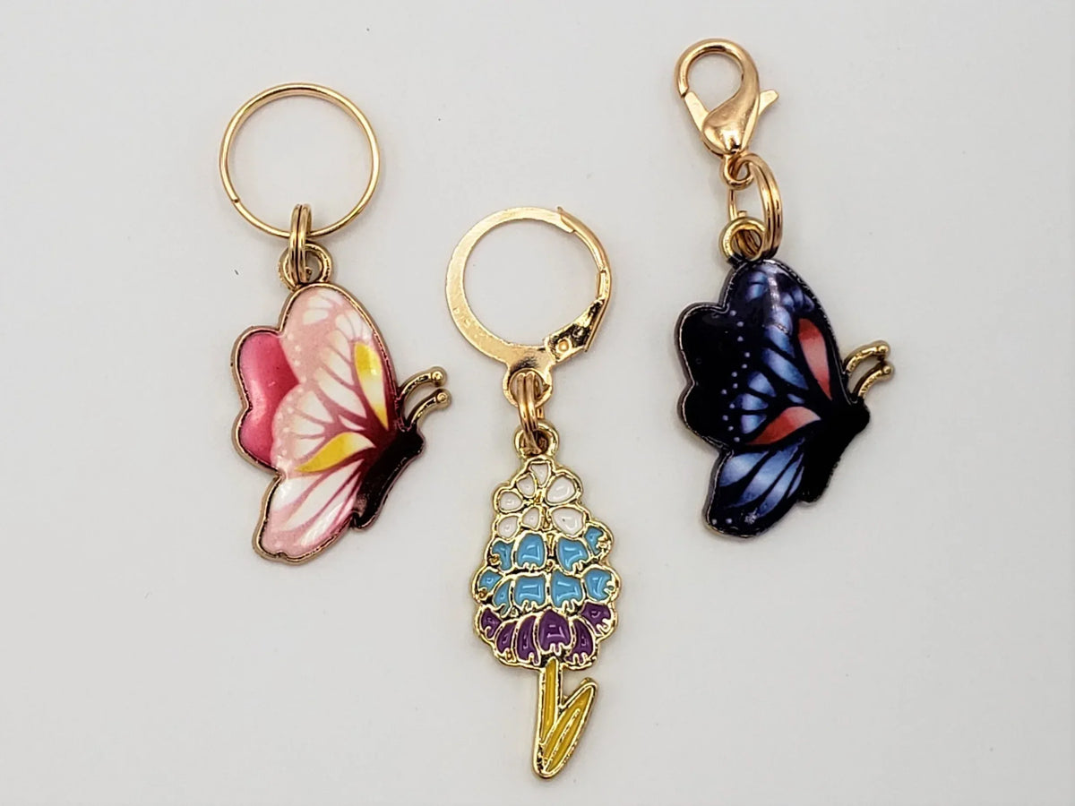 Butterfly Stitch Markers for Knitting, 3pc, butterflies and hyacinth flower | Crochet stitch marker, progress keeper, crochet accessories