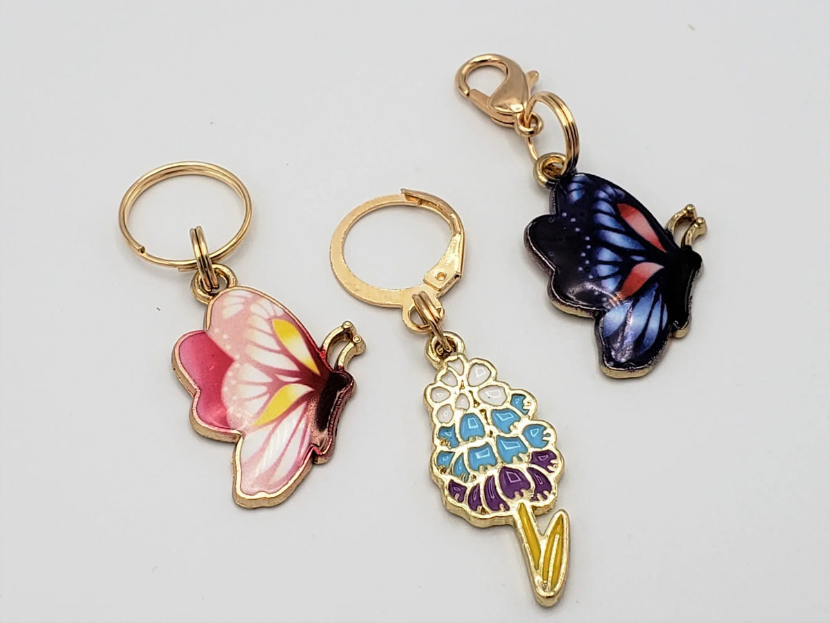 Butterfly Stitch Markers for Knitting, 3pc, butterflies and hyacinth flower | Crochet stitch marker, progress keeper, crochet accessories