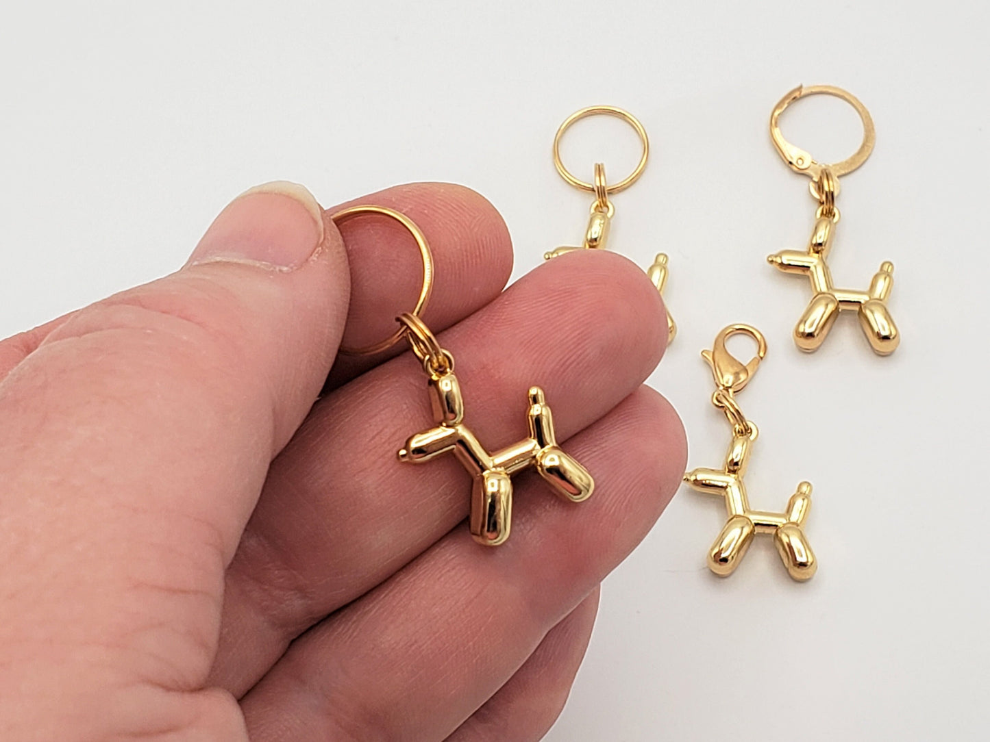 Stitch Markers for Knitting, 4pc 3D Balloon Dog, Gold and Silver charms | Crochet progress keeper, project bag charms, crochet accessories