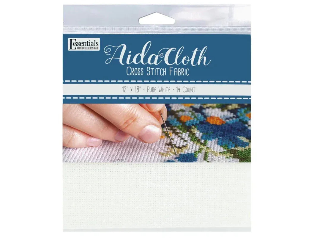 Aida cloth cross stitch fabric package with a hand holding a needle and thread.