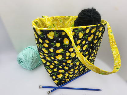 Lemon print Drawstring tote bag, project bag for knitters, crocheters, and crafters