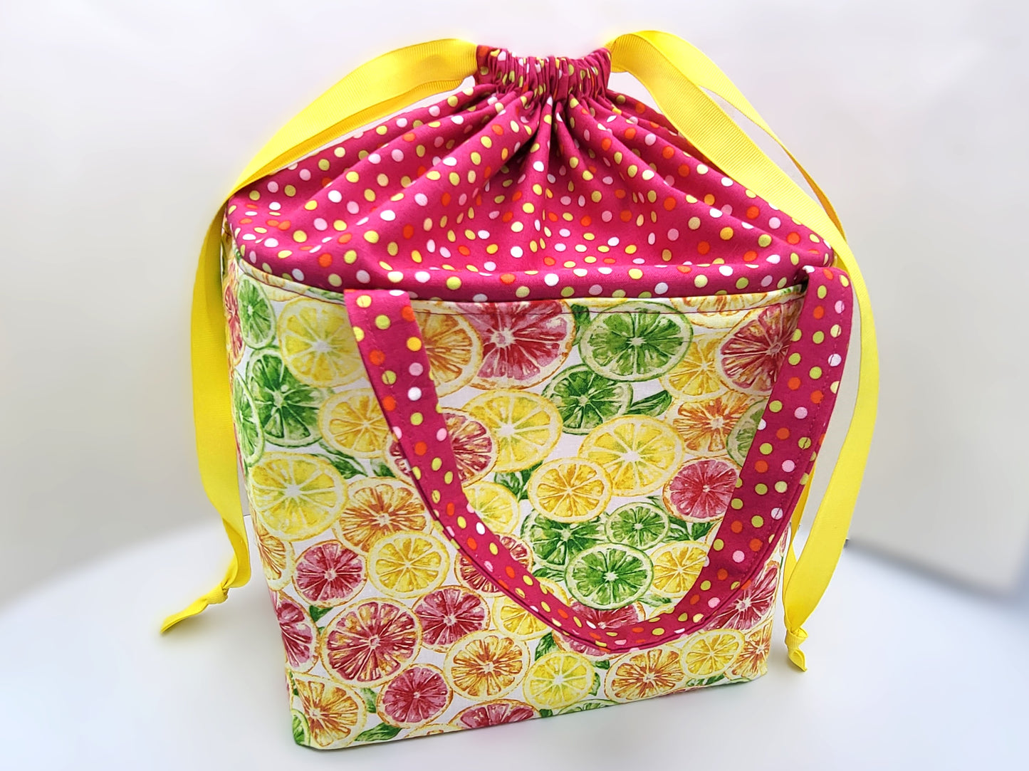 Fun Citrus print Drawstring tote bag, project bag for knitters, crocheters, and crafters