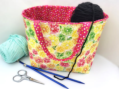 Fun Citrus print Drawstring tote bag, project bag for knitters, crocheters, and crafters