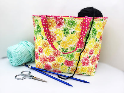 Fun Citrus print Drawstring tote bag, project bag for knitters, crocheters, and crafters