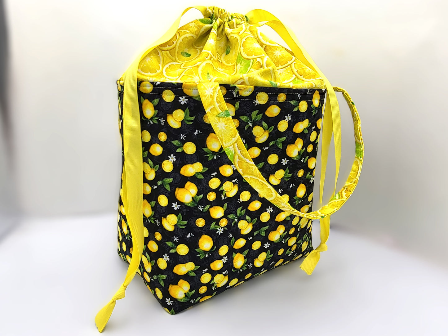 Lemon print Drawstring tote bag, project bag for knitters, crocheters, and crafters