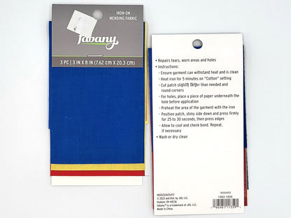 Set of 5, Iron-On Mending Fabric, 3pc 3"x8" Primary colors - Fabany
