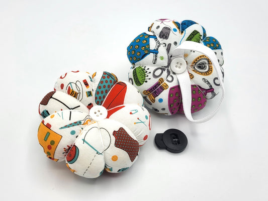 Small Wrist Pin Cushion, pumpkin shape with elastic wrist strap and adjustment clip
