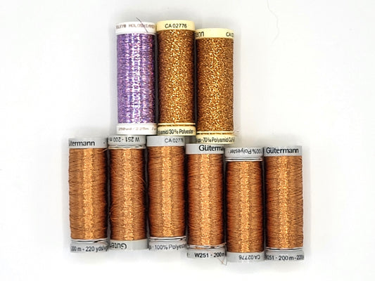Metallic Thread lot, Gutermann and Sulky, 9 spools gold and holoshimmer
