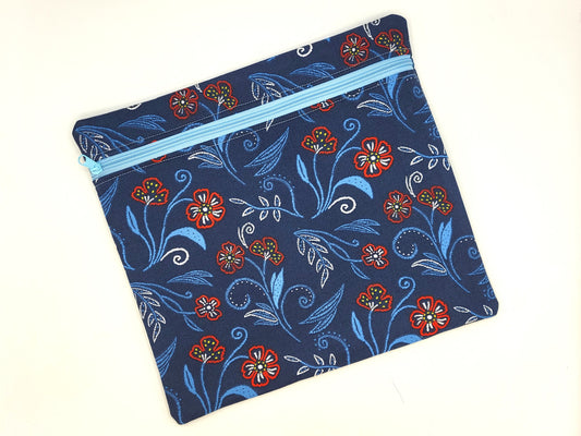 Blue Floral Print Project Bag for Cross Stitch, Embroidery, and Sewing Notions Storage | 12x11.25" medium
