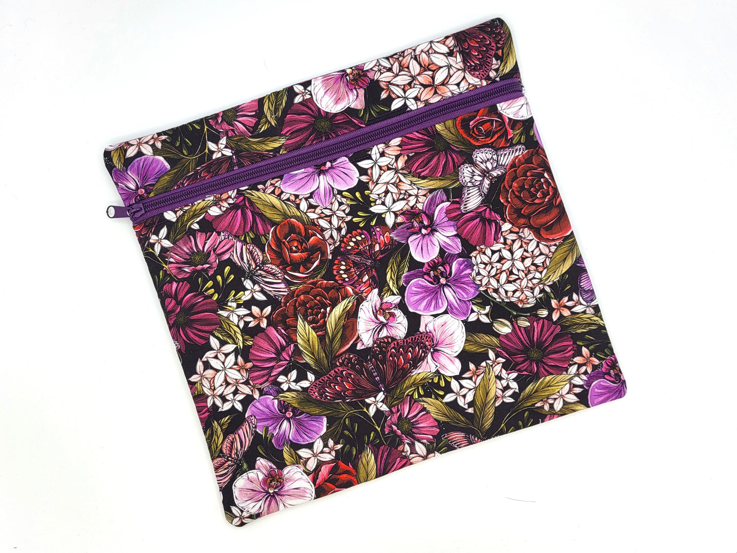 Purple Floral Print Project Bag for Cross Stitch, Embroidery, and Sewing Notions Storage | 11.75x11.25" medium