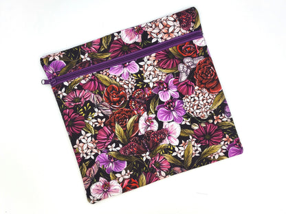 Purple Floral Print Project Bag for Cross Stitch, Embroidery, and Sewing Notions Storage | 11.75x11.25" medium