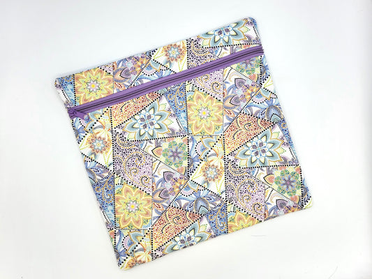 Mosaic Mandala Print Project Bag for Cross Stitch, Embroidery, and Sewing Notions Storage | 12x12" medium