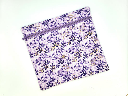 Purple Floral Print Project Bag for Cross Stitch, Embroidery, and Sewing Notions Storage | 12.25x11.25" medium
