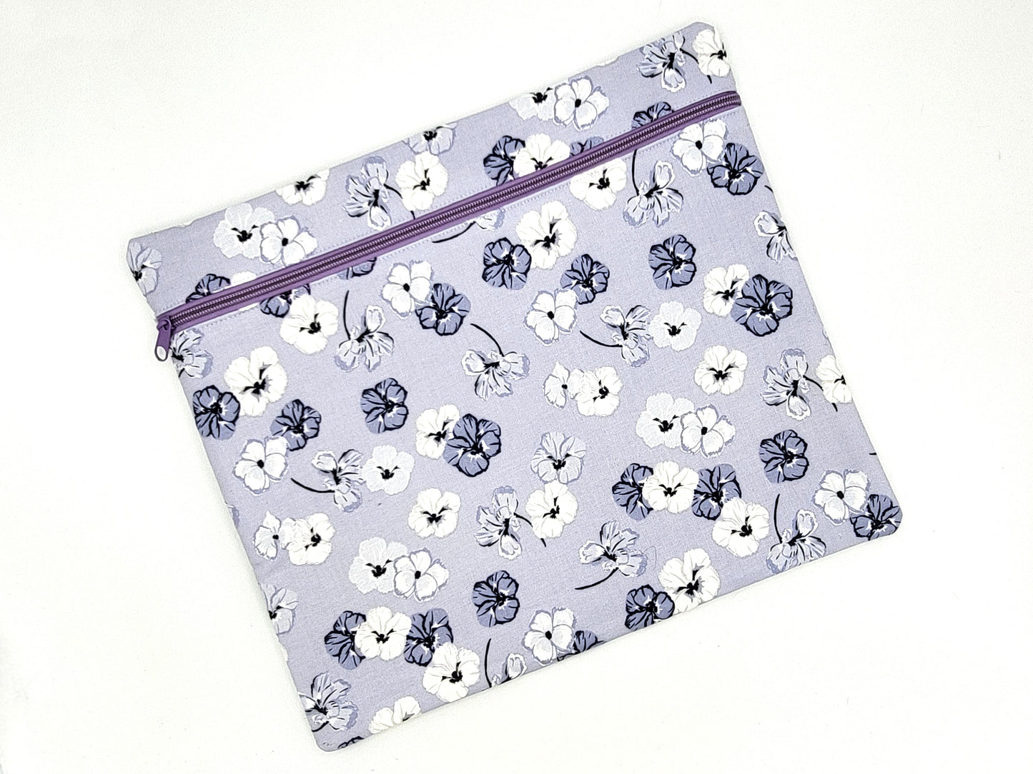 Periwinkle Blue Pansy Floral Print Project Bag for Cross Stitch, Embroidery, and Sewing Notions Storage | 13.75x12" medium