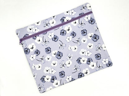 Periwinkle Blue Pansy Floral Print Project Bag for Cross Stitch, Embroidery, and Sewing Notions Storage | 13.75x12" medium