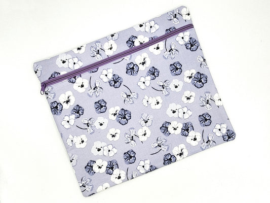 Periwinkle Blue Pansy Floral Print Project Bag for Cross Stitch, Embroidery, and Sewing Notions Storage | 13.75x12" medium
