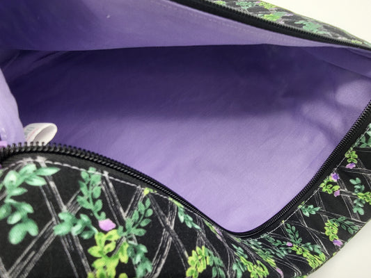 Black Trellis Floral Print Project Bag for Cross Stitch, Embroidery, and Sewing Notions Storage | 13.75x11.75" medium