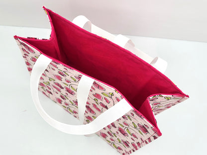 Small Reusable Fabric Valentine's Day Gift Bag with Ribbon tie and handles, Roses and Hearts