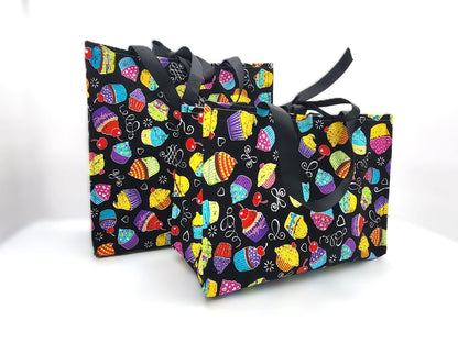 Small Fabric Birthday Gift Bag, bright cupcakes on black