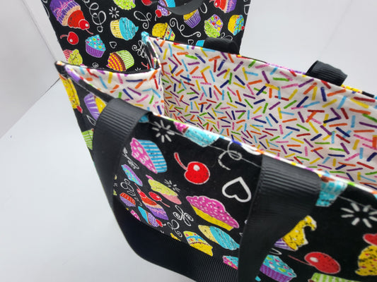 Small Reusable Fabric Birthday Gift Bag with Ribbon tie and handles, bright cupcakes on black