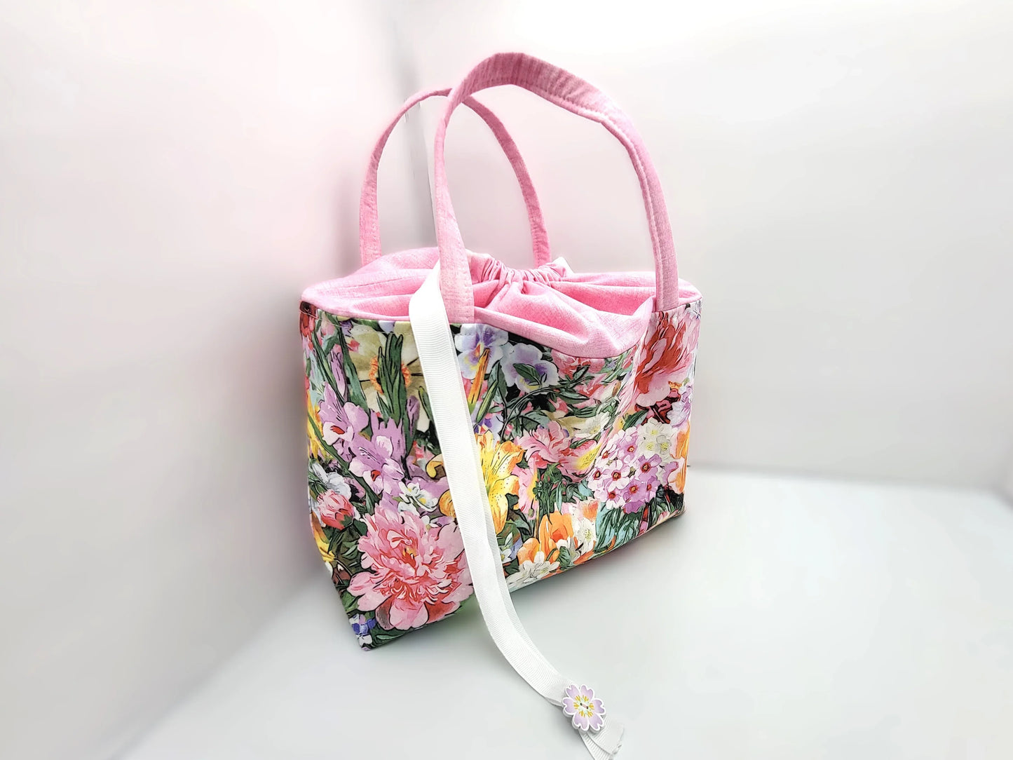 Floral Drawstring tote bag, Spring flower garden