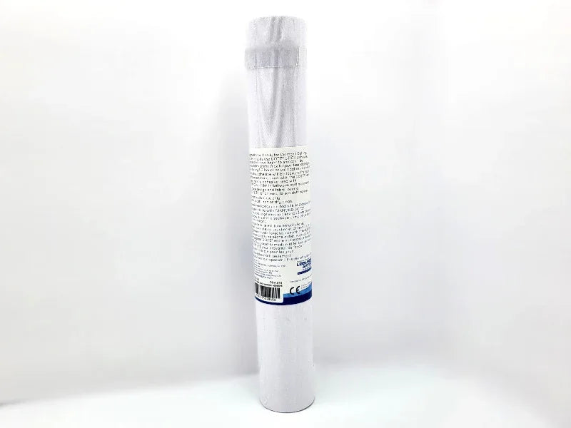 White cylindrical product with text and a barcode on a white background