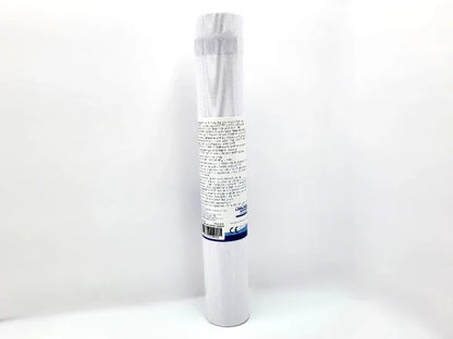 White cylindrical product with text and a barcode on a white background