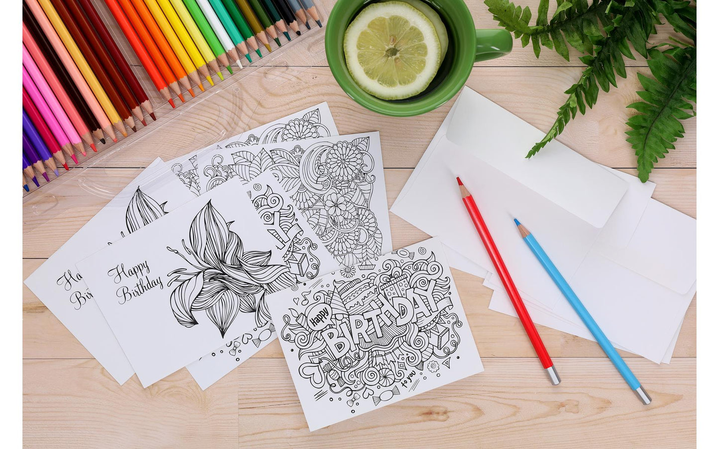 Birthday Coloring Cards for Adults - 6 Premium Cards & Envelopes