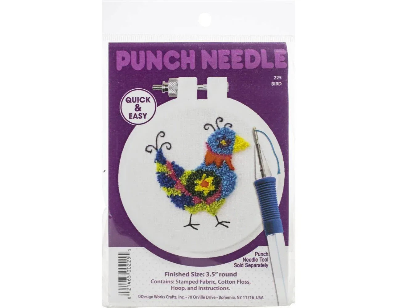 Punch needle craft kit with colorful peacock design on a purple packaging