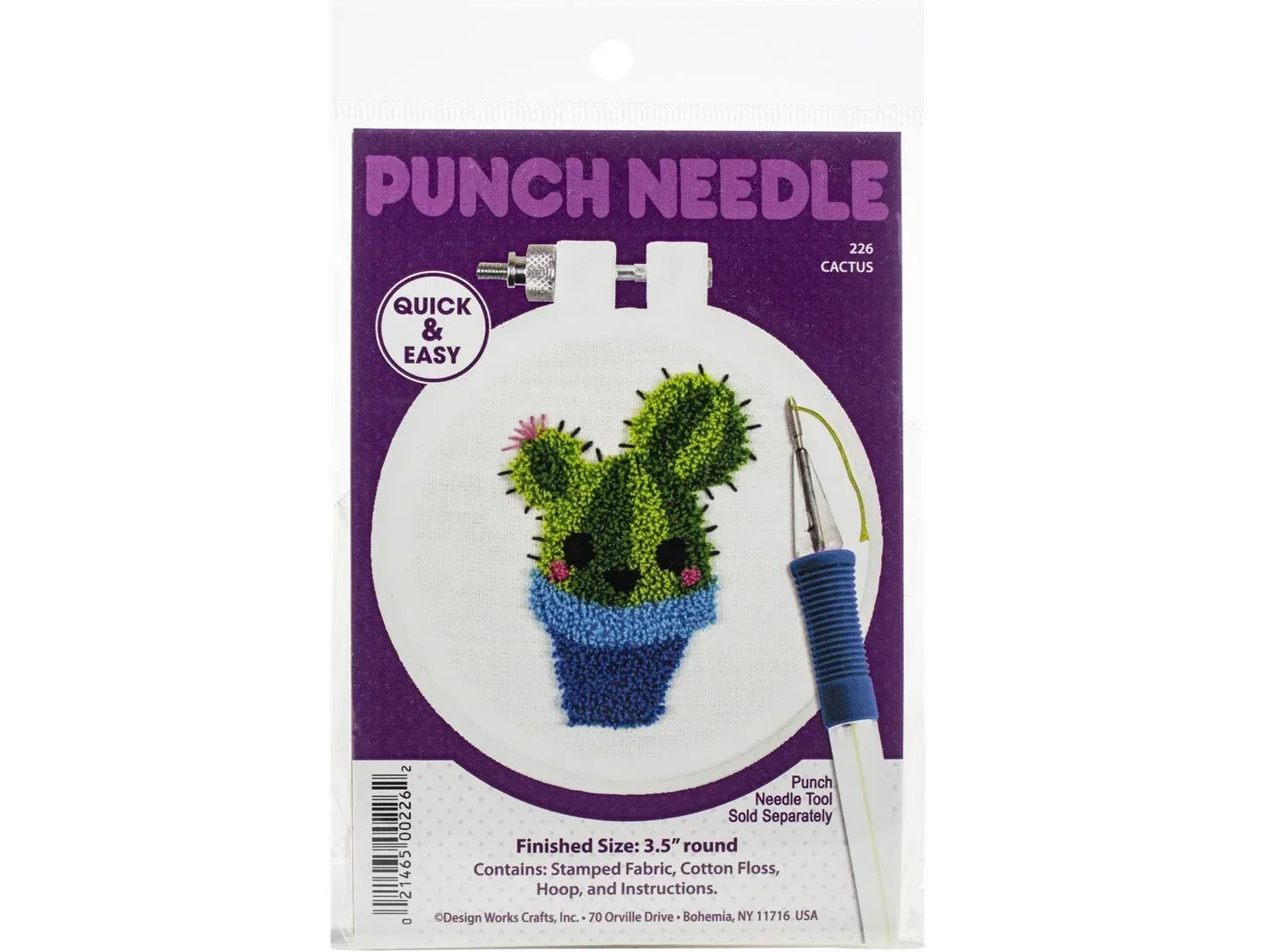 Punch needle craft kit with cactus design on a purple background
