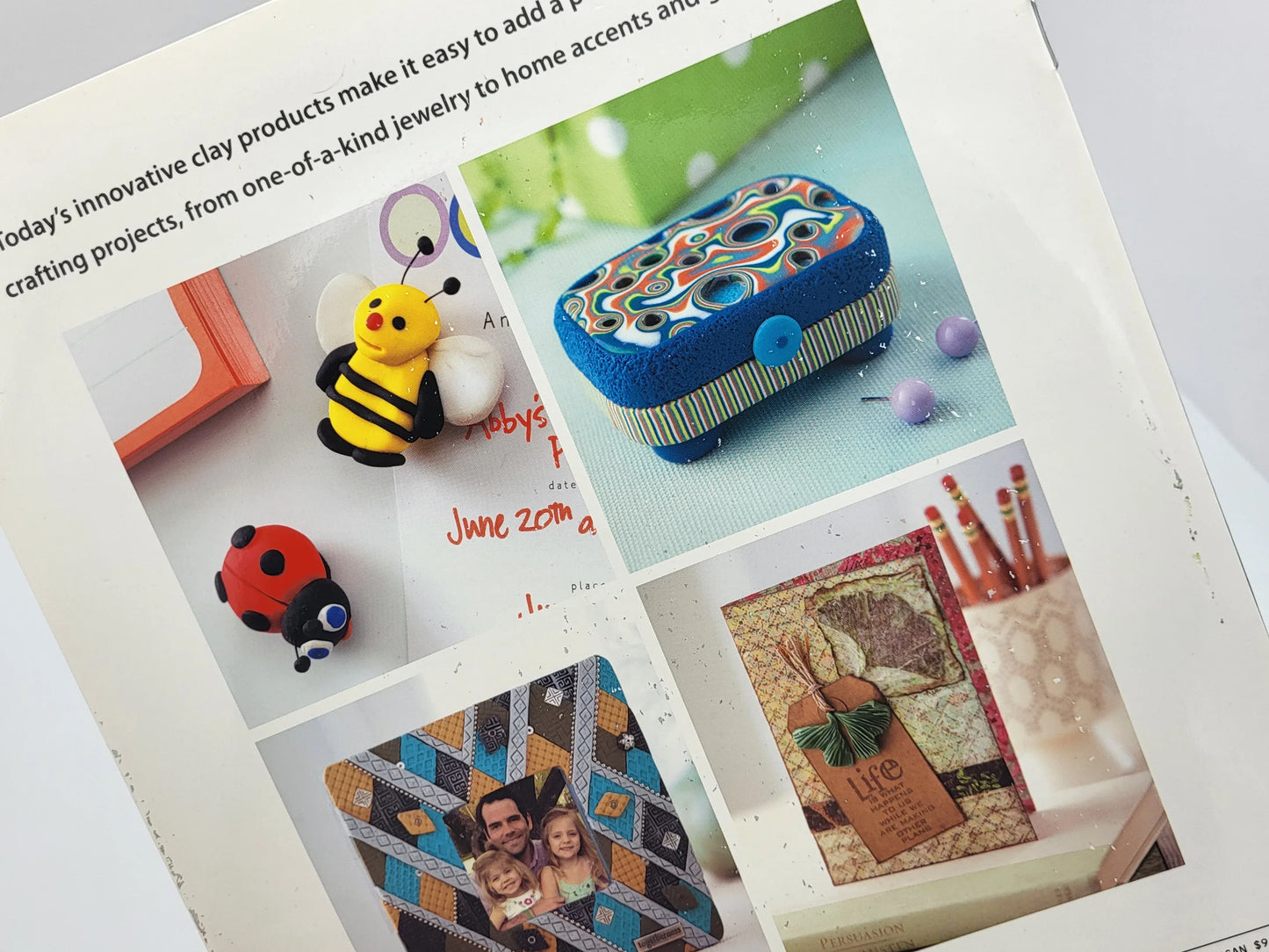 Page from a magazine or book featuring colorful clay jewelry and home accents.
