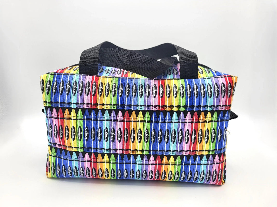 Back view of crayon print zipper duffle bag — handmade cotton craft bag